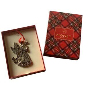 Monet Rhinestone Christmas Angel Ornament With Box 3" NEW Elegant